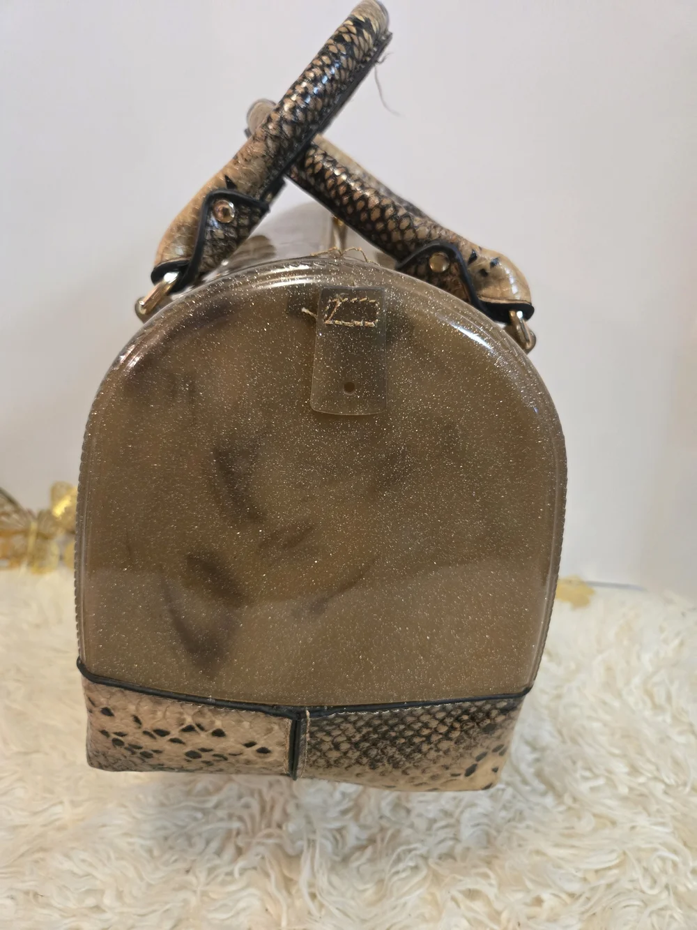 Glitter Dome Satchel in Taupe with Snake-Print Trim